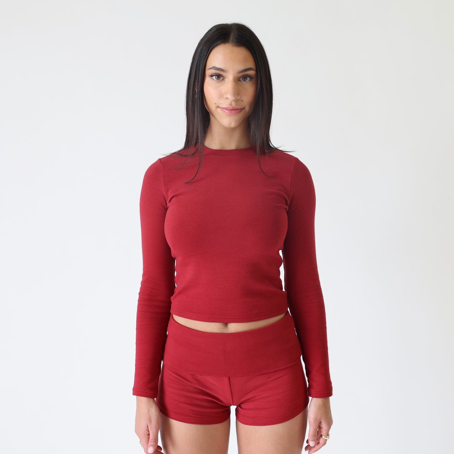 ‘Aleia’ Long sleeve tee in burgundy - front view
