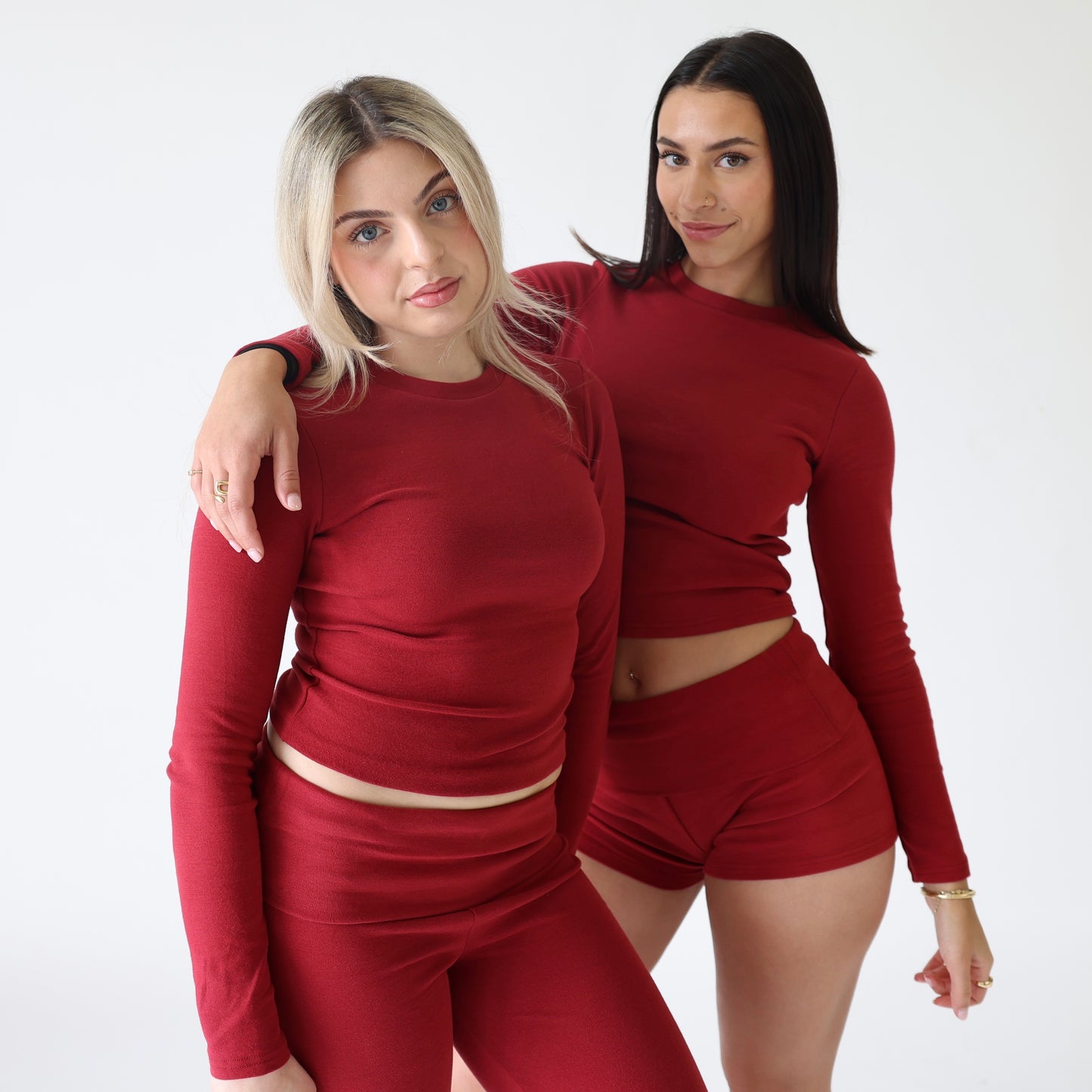 ‘Aleia’ Long sleeve tee in burgundy - both models