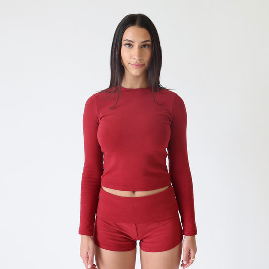 ‘Aleia’ Long sleeve tee in burgundy - front view